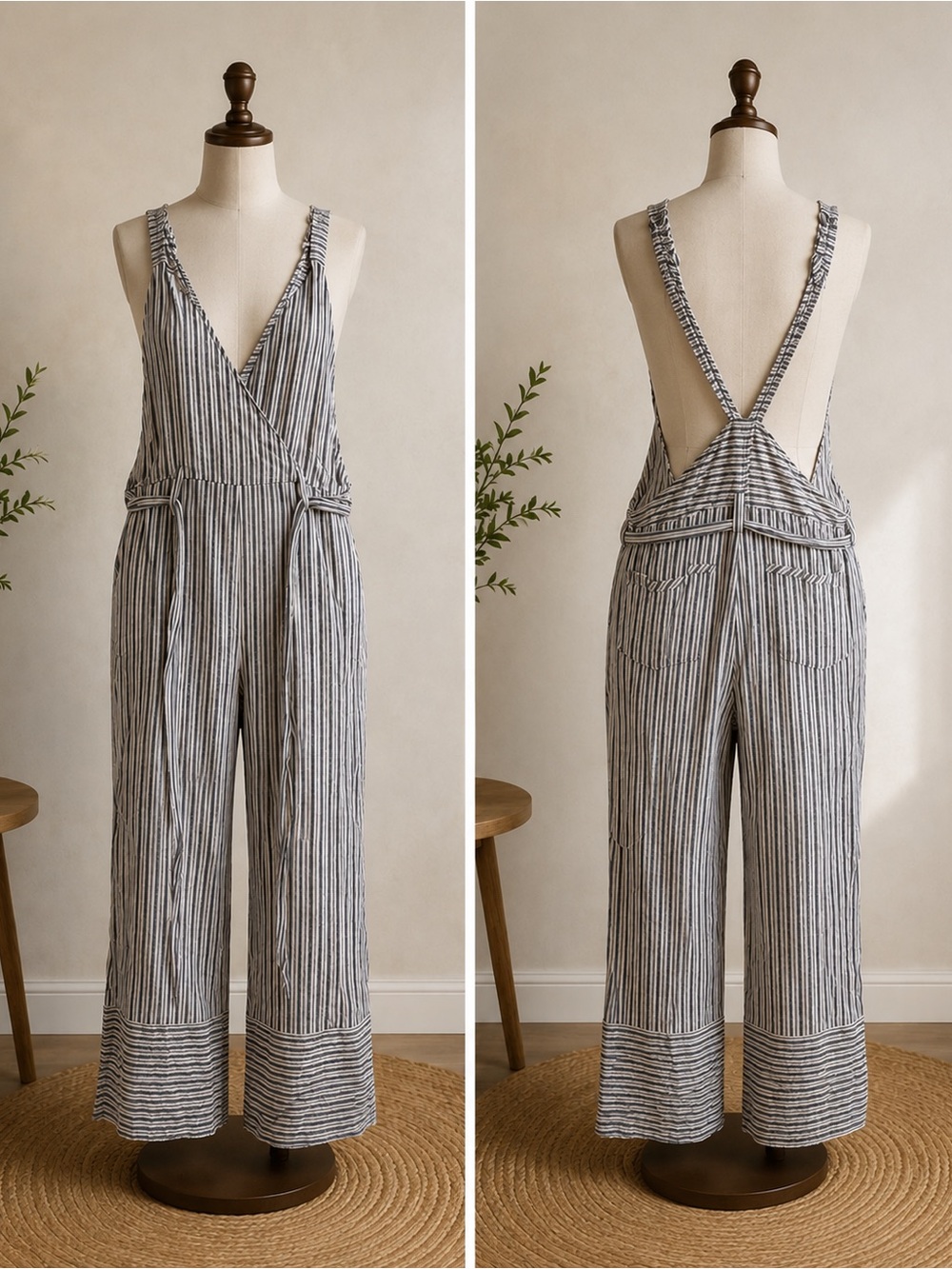 Striped V-Neck Wide-Leg Jumpsuit - Blue/White
